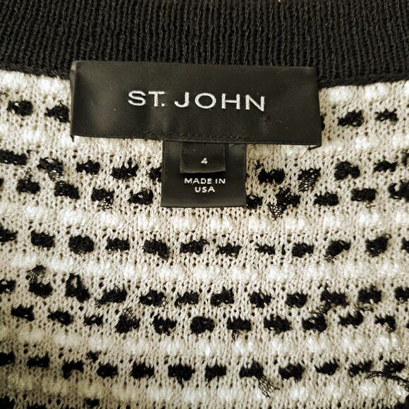 ST. JOHN Knit Ribbon Tweed Jacket Size 4 Zip Front Ivory Black Collarless Blazer - Picture 5 of 11